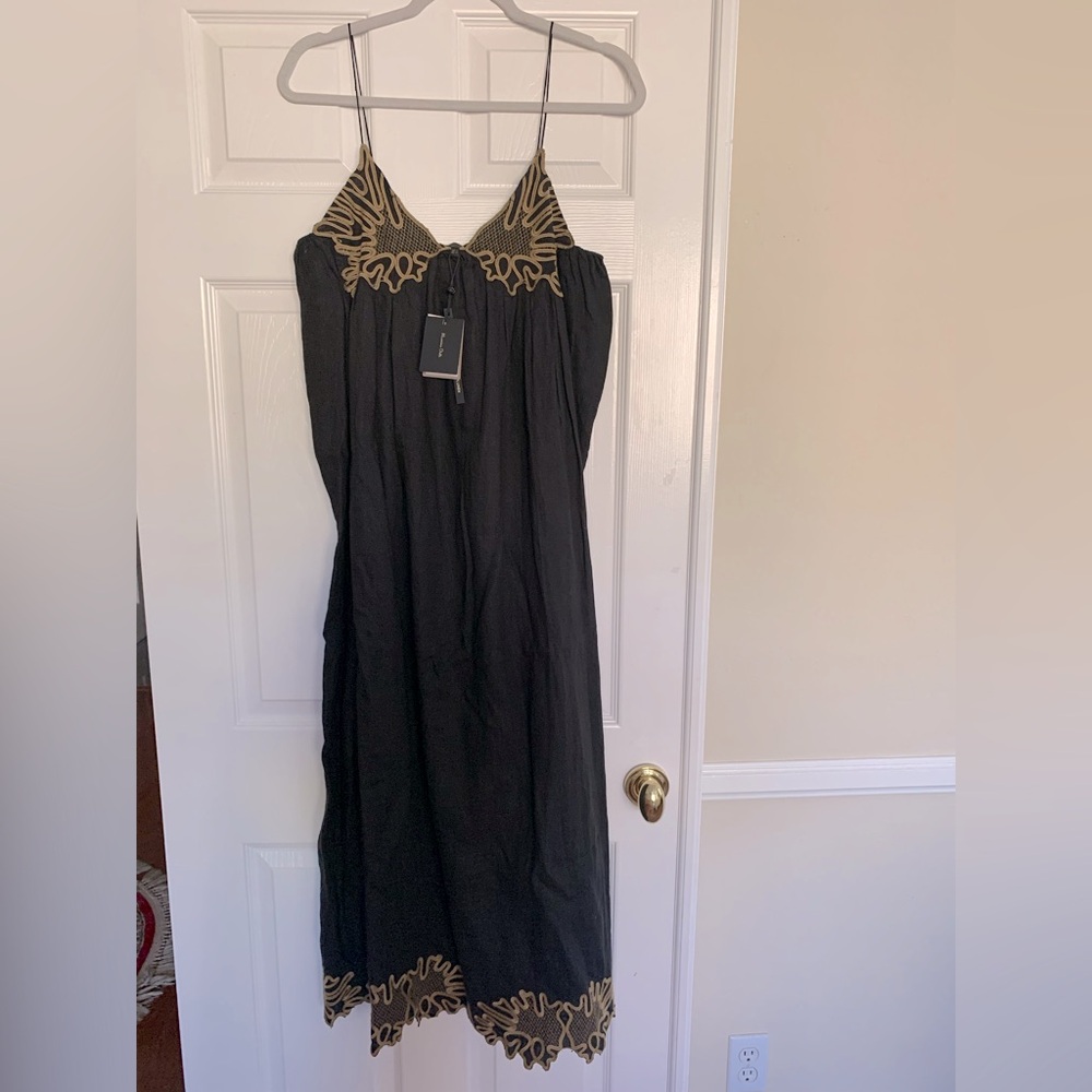 Massimo Dutti Black Midi Dress with Gold Embroidered Trim